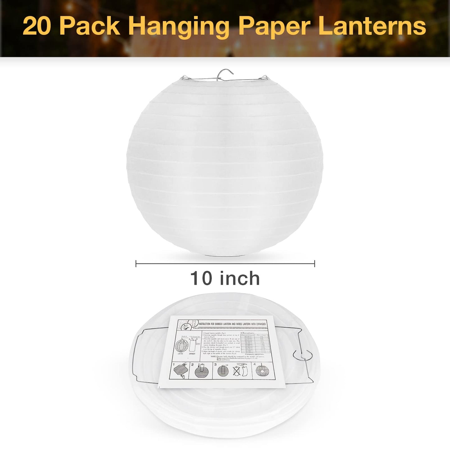 KNONEW 20 Pack Outdoor Lanterns Decorative, 10inch Waterprooof Hanging Round Silk Cloth Lanterns Lamp for Weddings, Birthdays, Parties Decoration (White)