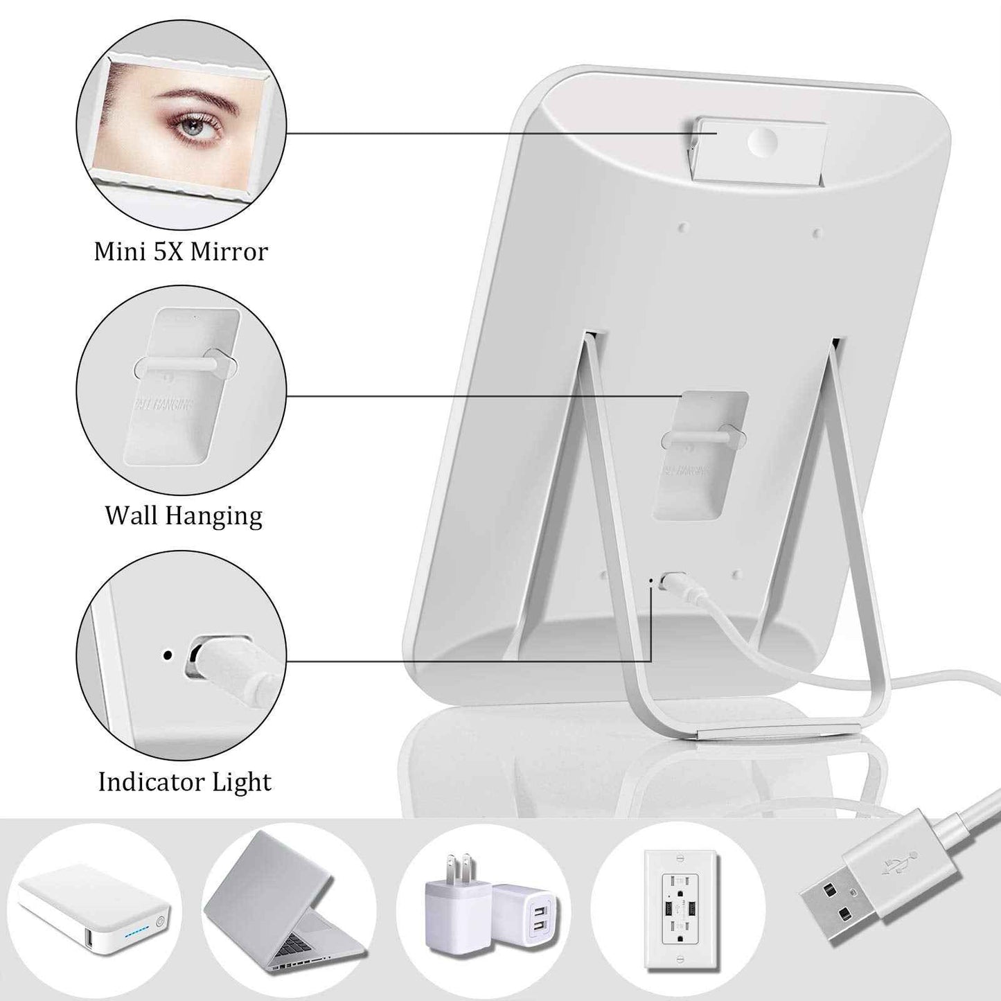 KOOKIN Lighted Vanity Makeup Mirror with Lights 3 Color Lighting Modes Rechargeable Touch Screen Adjustable Tabletop Wall Hanging Led Light Up Mirror with Mini 5X Hand Mirror