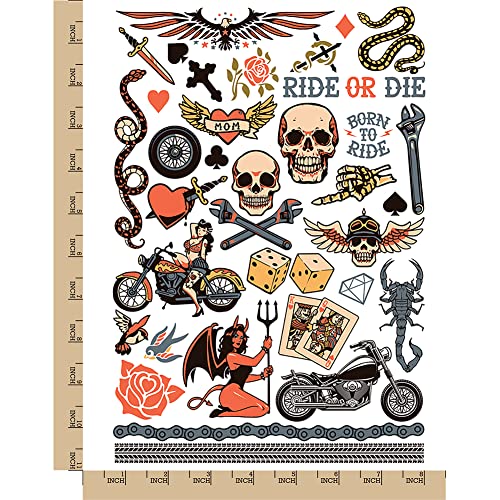 Biker Skull Temporary Tattoos - Water Resistant Sheet