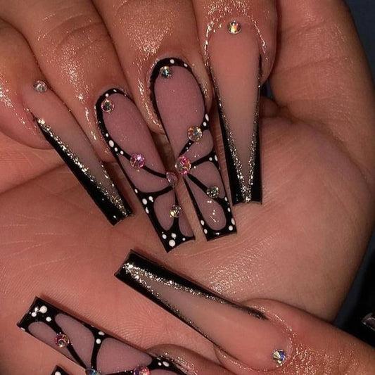 Black Press on Nails Butterfly Long Coffin Nails Press Ons Rhinestones Stick on Nails Silver Glitter Design Acrylic Nails 24Pcs False Nails for Women