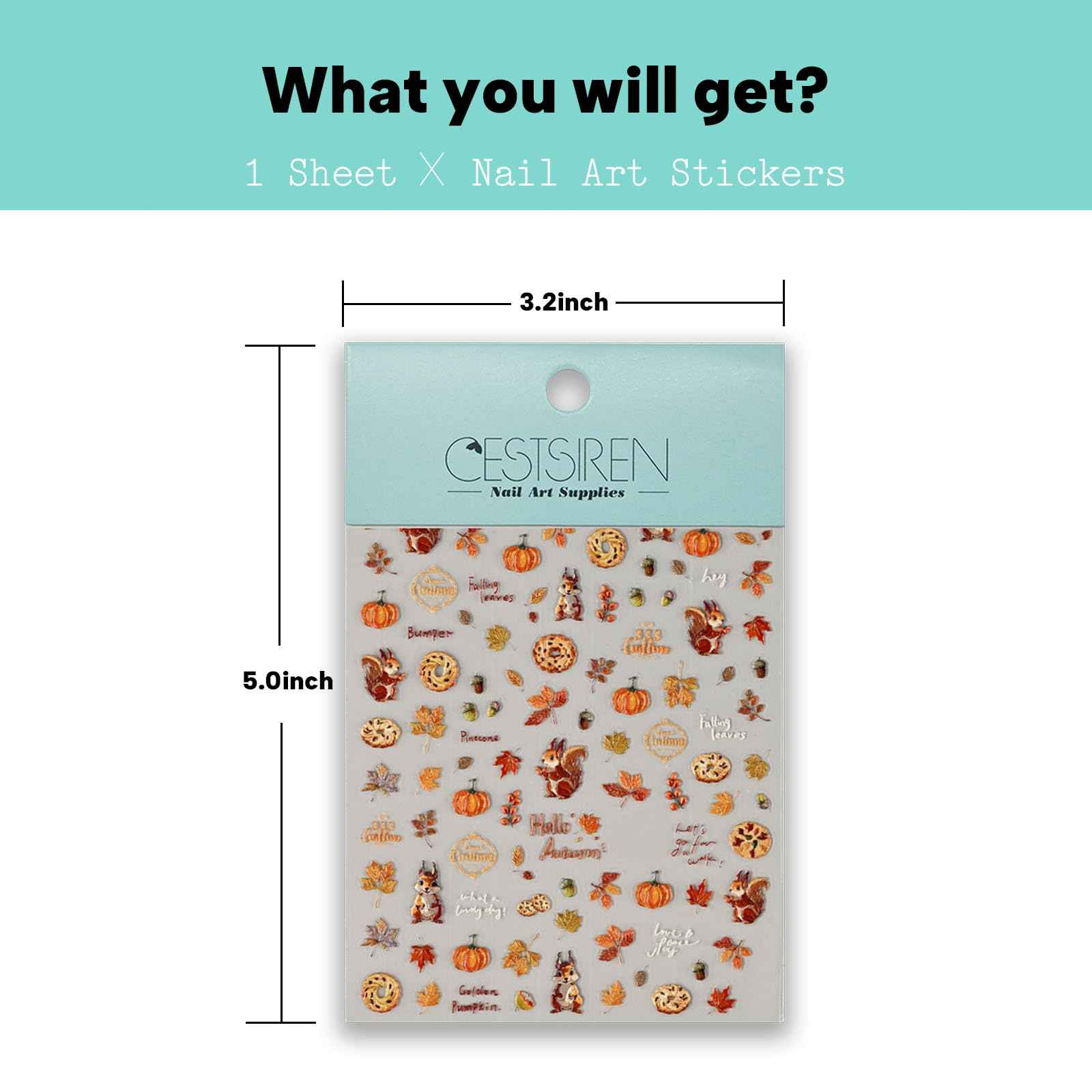 CESTSIREN Fall Squirrel Nail Art Stickers, Maple Leaves Nail Decals, Self-Adhesive,Autumn Nail Accessories & Supplies, Durable & Long-Lasting