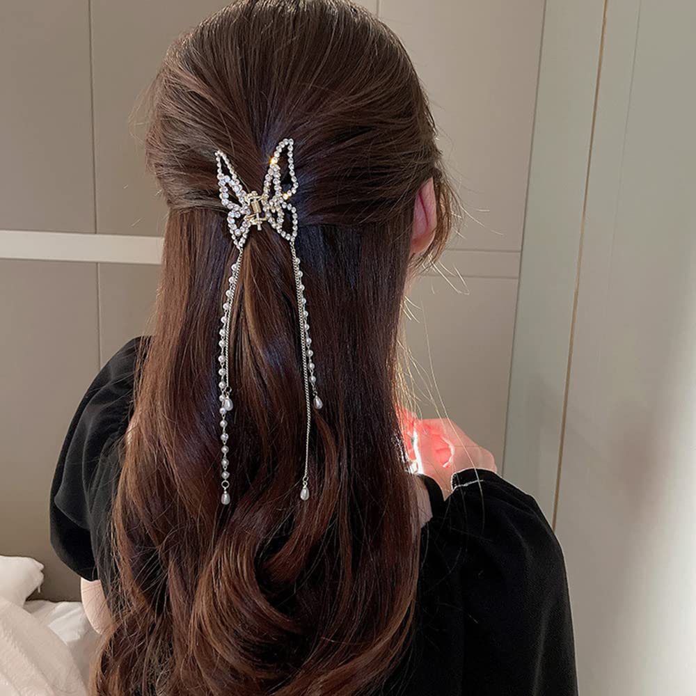 Jumwrit Gold Butterfly Hair Claw Clip Strong Hold Metal Hair Clip Pearl Chain Tassel Hair Claw Rhinestone Hair Clamp Fashion Hair Clip for Women Girls