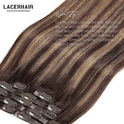 Lacer Hair Remy Hair Seamless Hair Extensions Clip in 18 Inch Balayage Chestnut Brown Mixed Dark Brown 110g 7pcs PU Clip in Hair Extensions Human Hair Thick with PU Weft for Women R#2-2/6