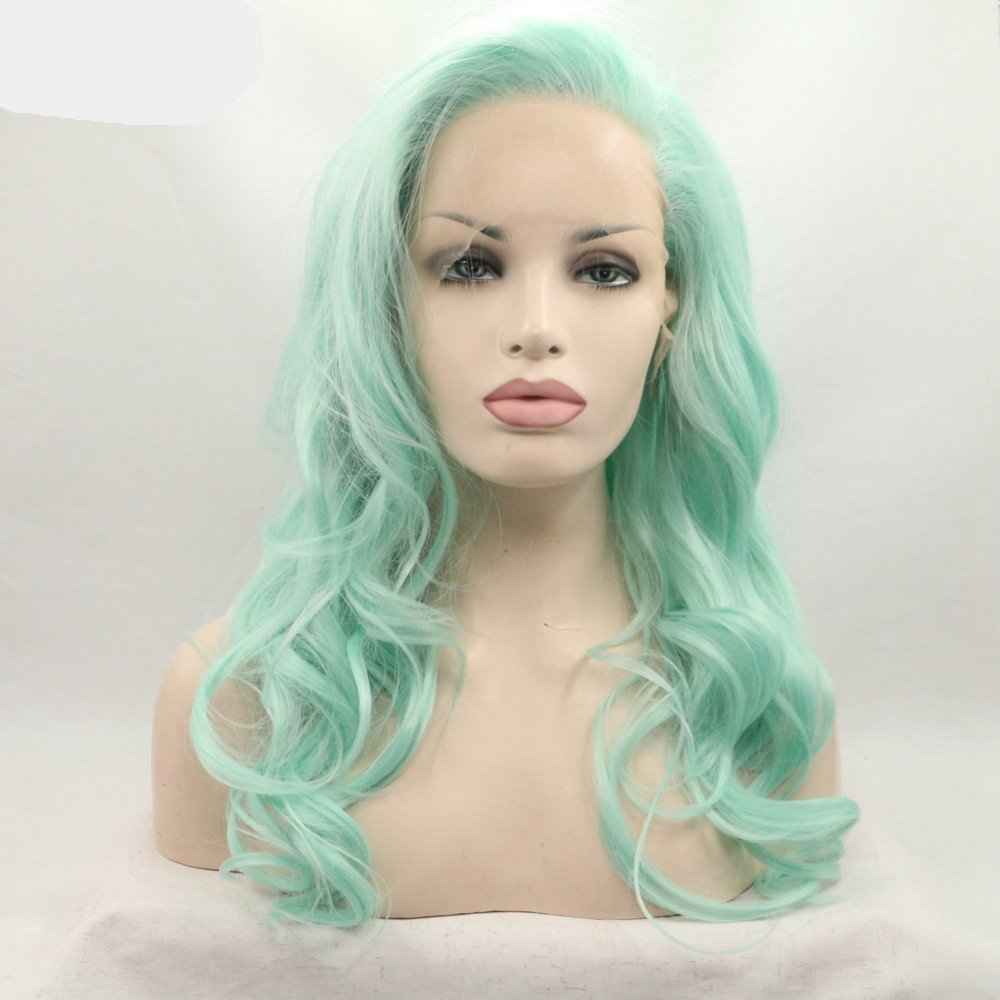 Xiweiya Mint Green Lace Wig Heat Resistant Fiber Hair Mermaid Green Blue Color Mixed Synthetic 13*3 Lace Front Wig for Women Hair Replacement Wig Half Hand Tied 24" Wig