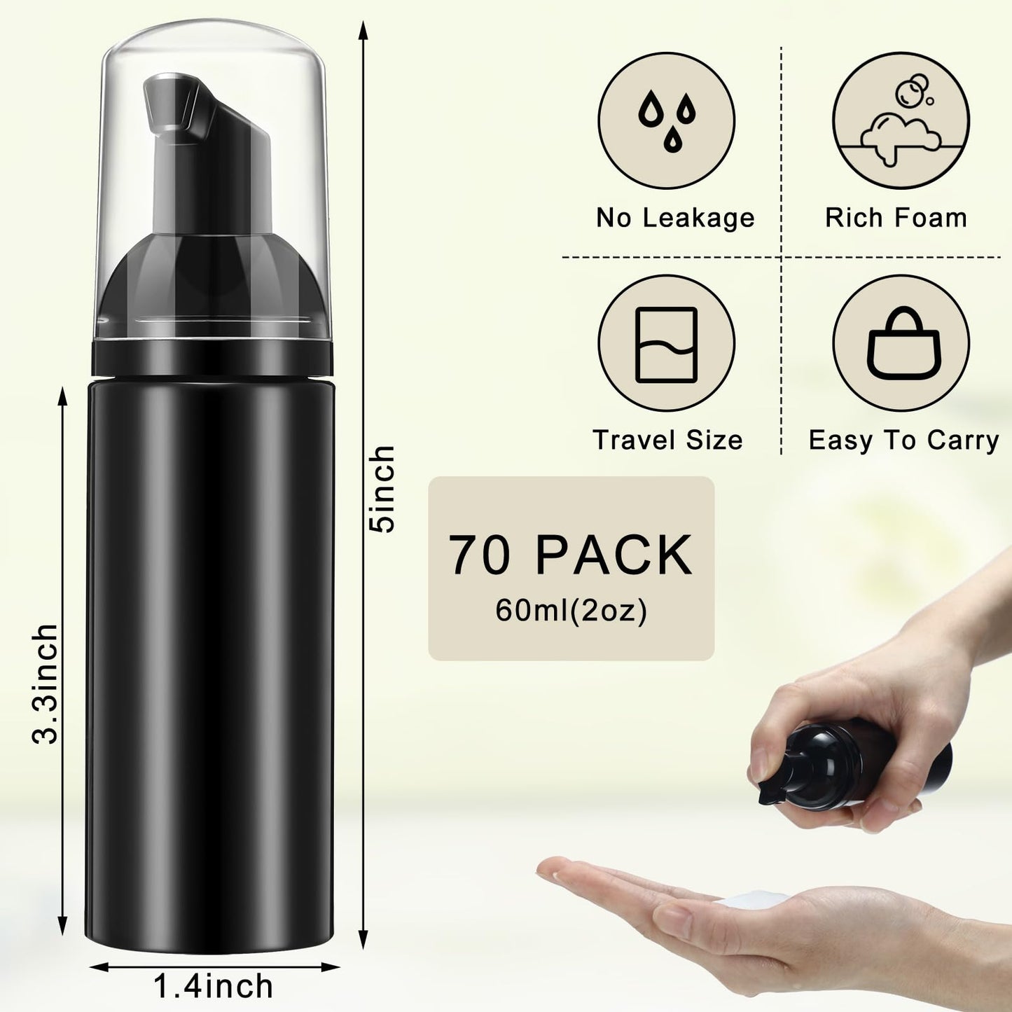 70 Pcs 2 oz Plastic Foam Soap Dispensers Refillable Lash Shampoo Bottles with Pump Mini Eyelash Cleaning Foam Bottle Dispenser for Refillable Travel Cosmetics (Black)