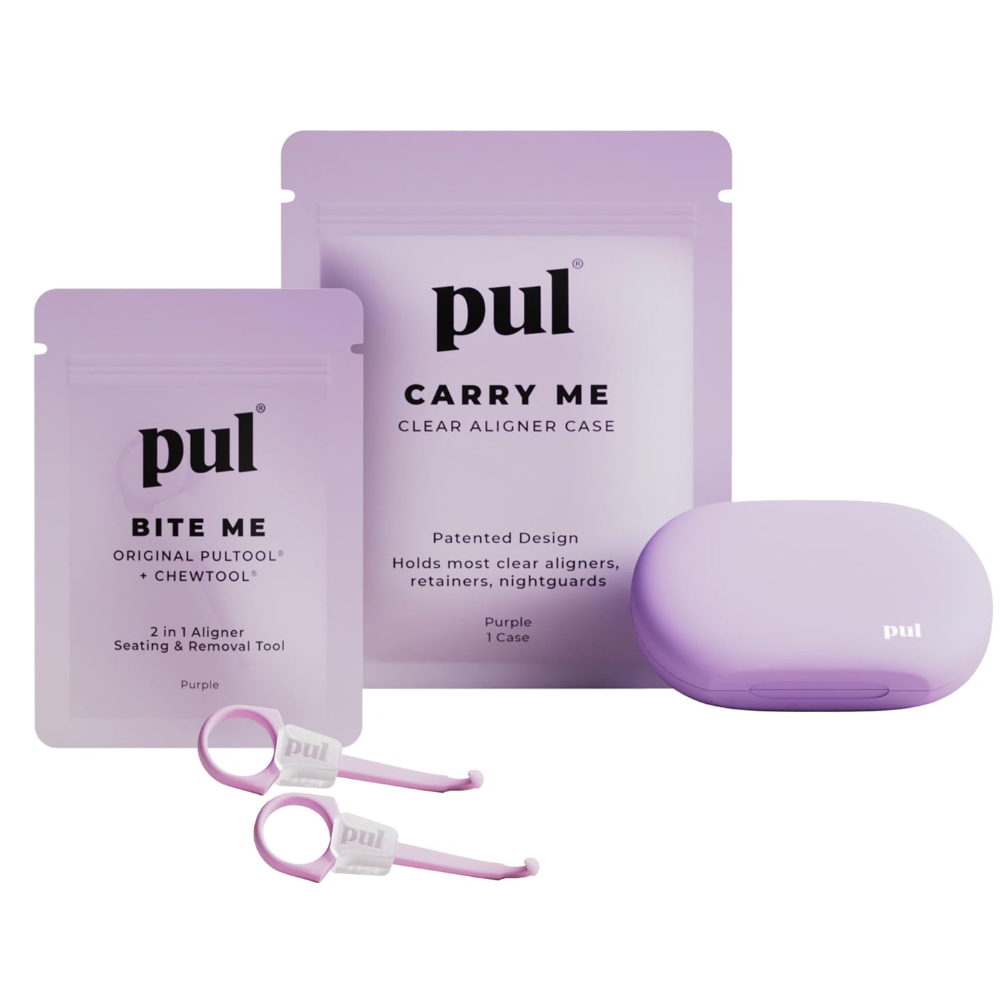 PUL Aligner Care Convenience Kit – Case + 2-in-1 Tool for Invisalign, Retainers, Partial Dentures, Mouth & Night Guards & More – Purple Case & 2-Pack of Purple Aligner Seating Chewie & Removal Tool