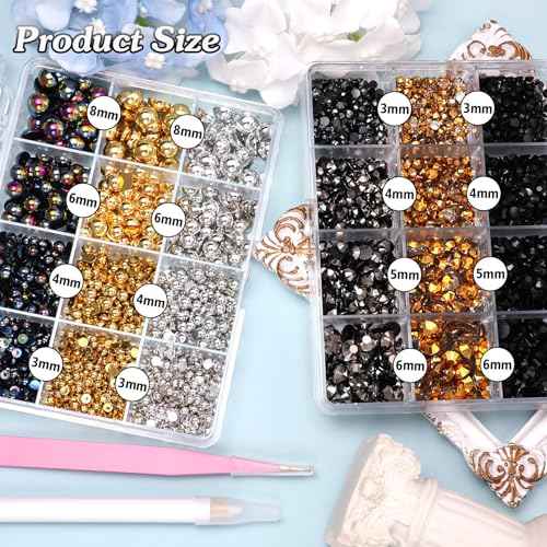 2 Boxes Gold Black Flatback Pearls and Resin Rhinestones for Crafting, 3-6 mm Jelly Rhinestones, Mixed Size Half Pearl Bedazzling Gems for Nail DIY Crafts Mugs Bottles Tumblers Clothes Makeup
