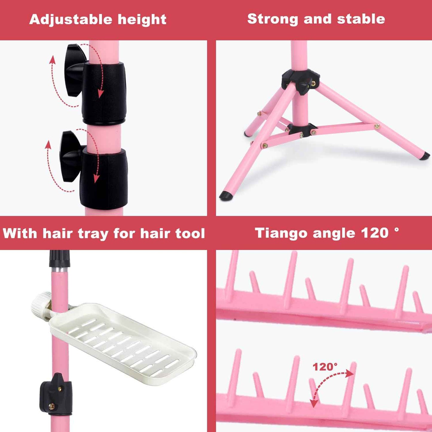poipoilu Height Adjustable Braiding Hair Rack 168 pegs, Dual-use Braid rack with Clamp (Pink)