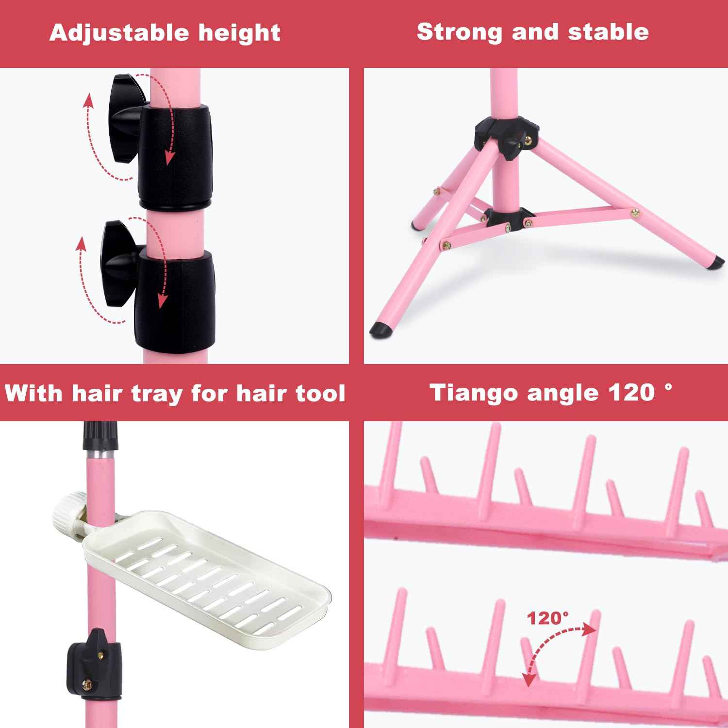 poipoilu Height Adjustable Braiding Hair Rack 168 pegs, Dual-use Braid rack with Clamp (Pink)