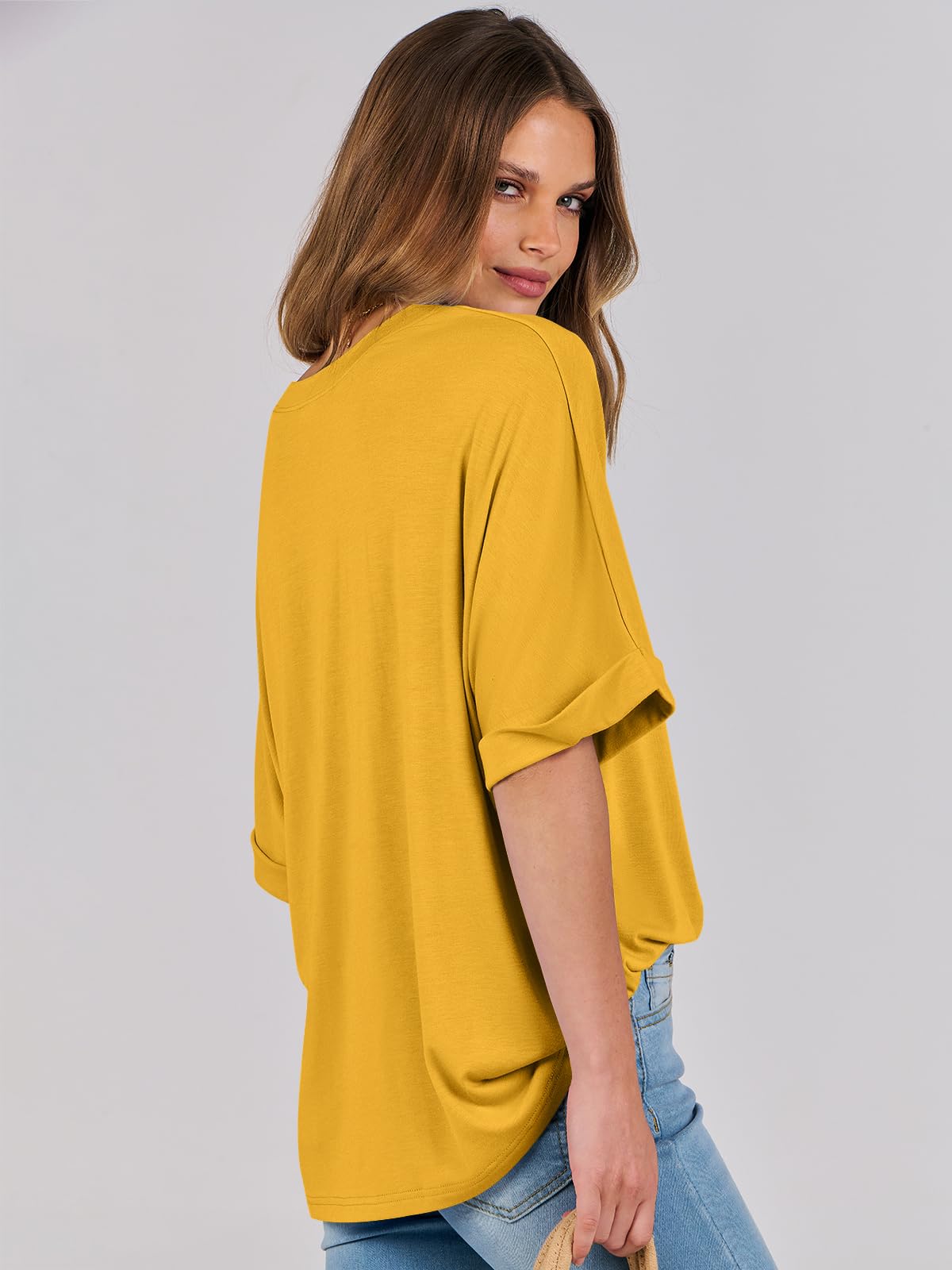 ANRABESS Women's Oversized T Shirts Short Sleeve Crewneck Summer Tops Casual Loose Basic Tee Shirts 2024 Trendy Clothes Yellow Medium