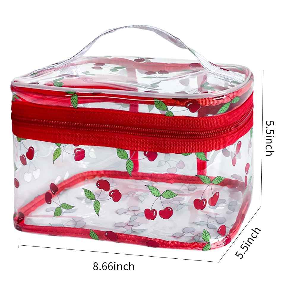 TotePrint Cherry Clear Cosmetic Bag Transprent Clear Makeup Bag Travel Pouch with Handle-Durable PVC Material,Versatile,Zipper Design for Smooth Sliding-Ideal for Makeup,Travel Essentials (Cherry)