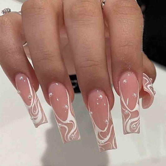 Square Press on Nails Long,Pearl Pink Long Fake Nails Acrylic False Nails,