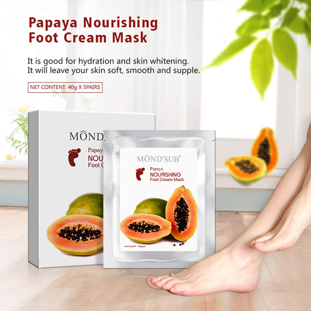 MOND'SUB [5 Value Pairs] Moisturizing Foot Mask - Professional Feet & Spa Quality Feet Treatment Socks for Cracked Heels and Dry Feet Skin - Deeply Repair with Natural Papaya Oil