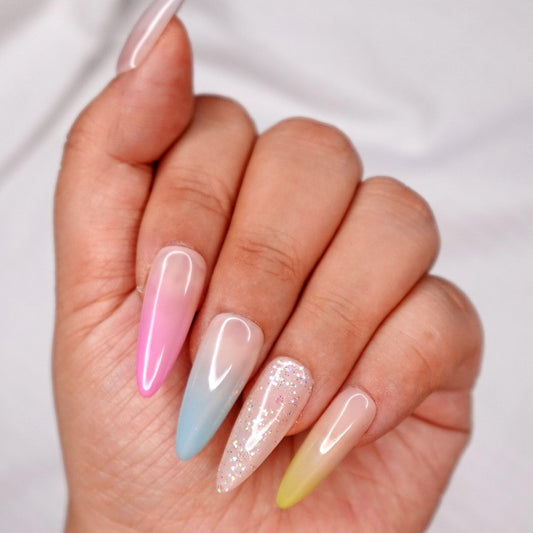 10 Pcs Handmade Press on Nails (Large, Dreamland - Nude Pastel French Ombre Tip with Glitter Bling Out/Stiletto) A116L