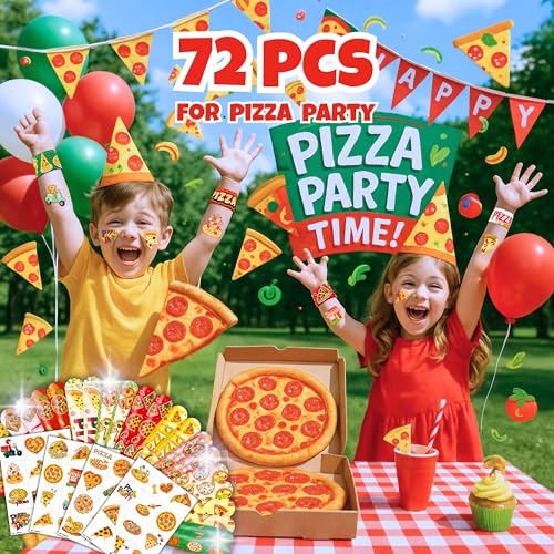 72-Piece Pizza Party Favors Set - Tattoos & Slap Bracelets
