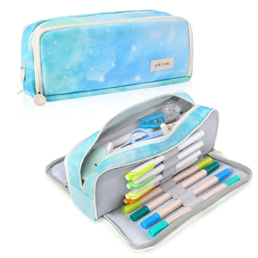 iSuperb Large Pencil Case 3 Compartments Pencil Pouch Big Capacity Pencil Bag for Kids Teen Child Student School Supplies Oxford Storage Pen Bag Cosmetic Makeup Pouch (Dearm Blue)