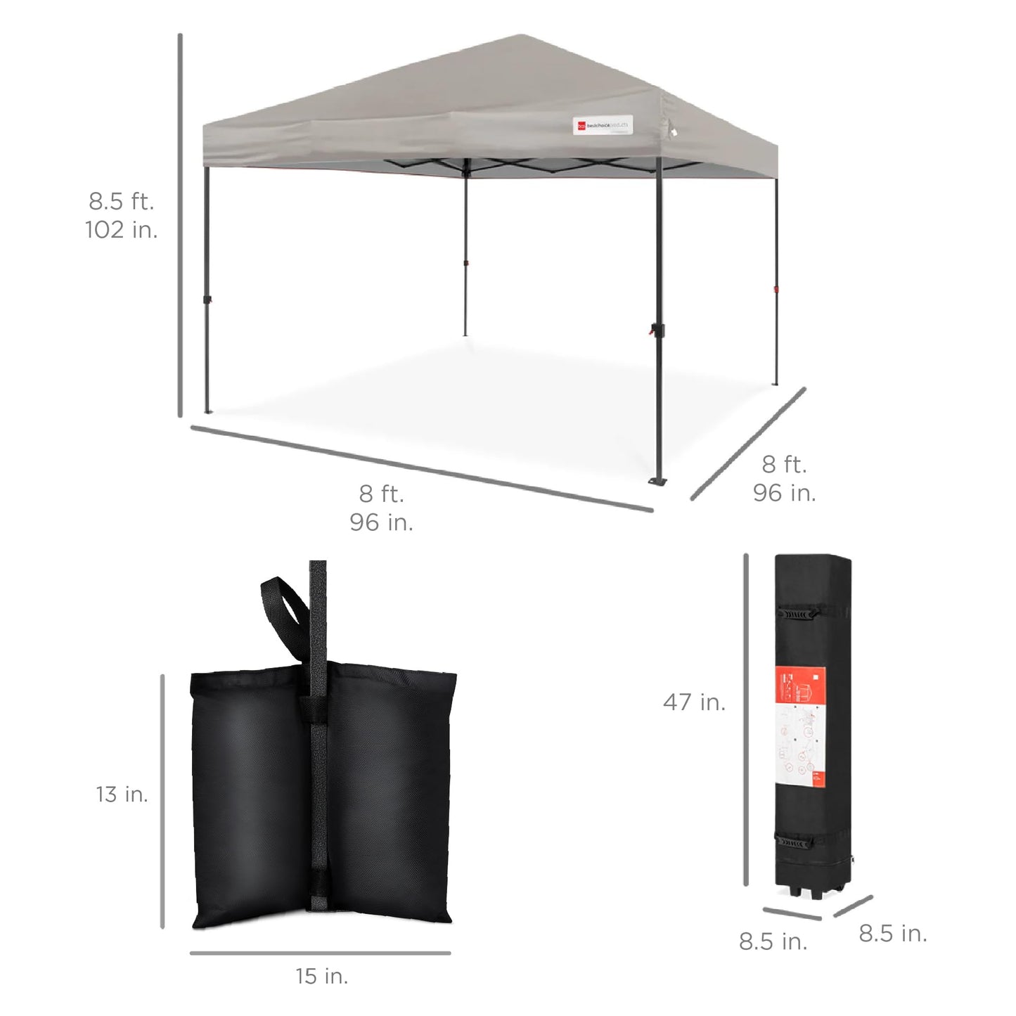 Best Choice Products 8x8ft 1-Person Setup Pop Up Canopy Tent Instant Portable Shelter w/ 1-Button Push, Case, 4 Weight Bags - Light Gray