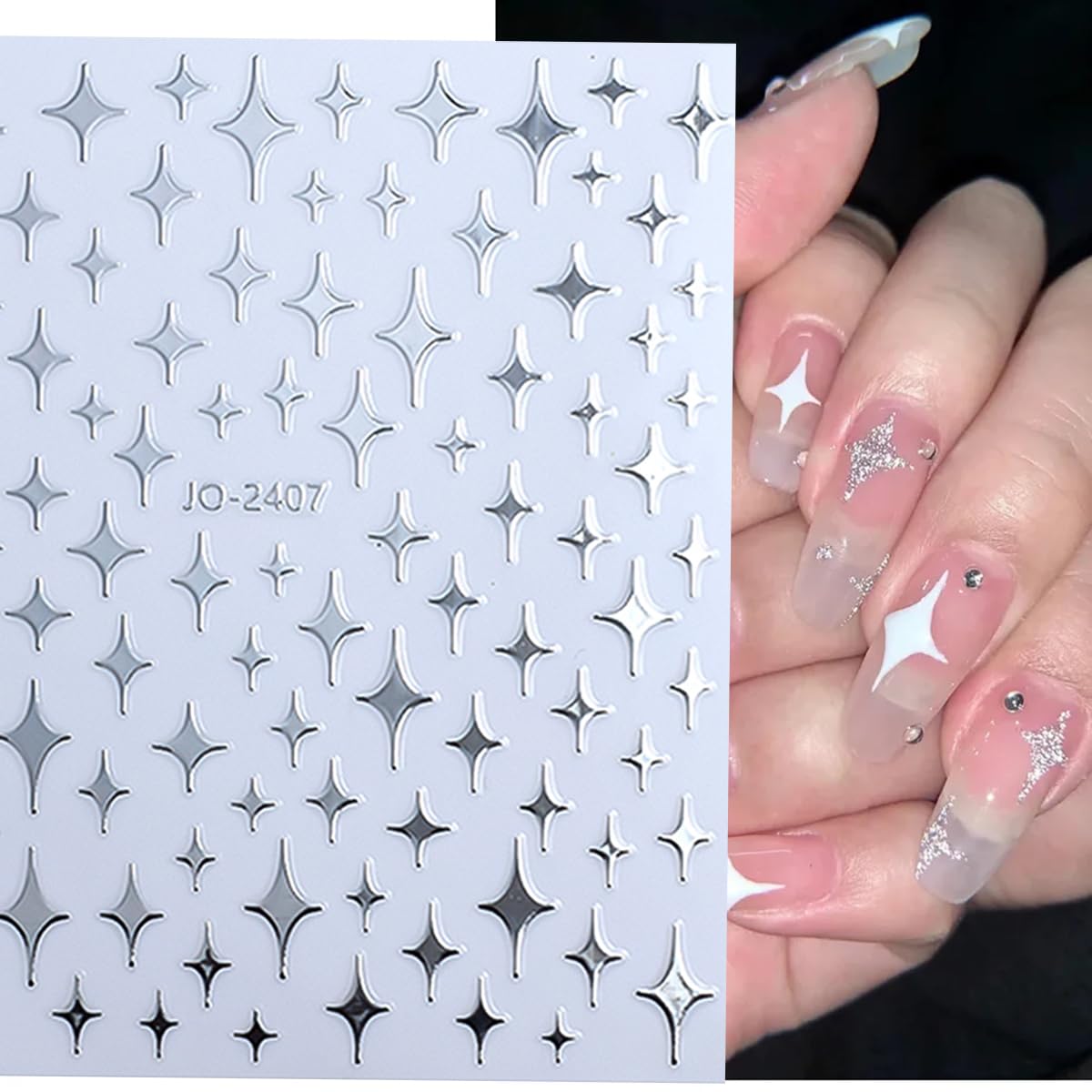 Heart Star Nail Art Stickers-6 Sheets Silver Heart Stars Nail Stickers 3D Self-Adhesive Shiny Heart Star Nail Designs Stickers Luxury Star Spring Summer Nail Decals for Acrylic Manicure Decoration