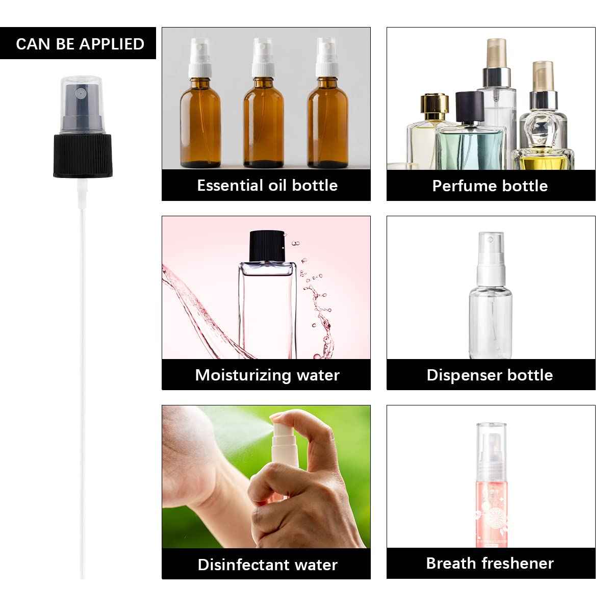 FERCAISH 40 Pcs Spray Bottle Tops, Replacement Pump Heads, Reusable Dispenser Caps, Fine Mist Sprayer, Cosmetic Spray Bottle (24 Caliber-Black)