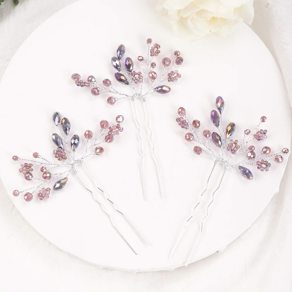 Kercisbeauty 2pcs Wedding Hair Pins Crystal Hair Accessories for Women Girls Bridal Hair Clips Brides Bridesmaid Hair Dress (Purple)