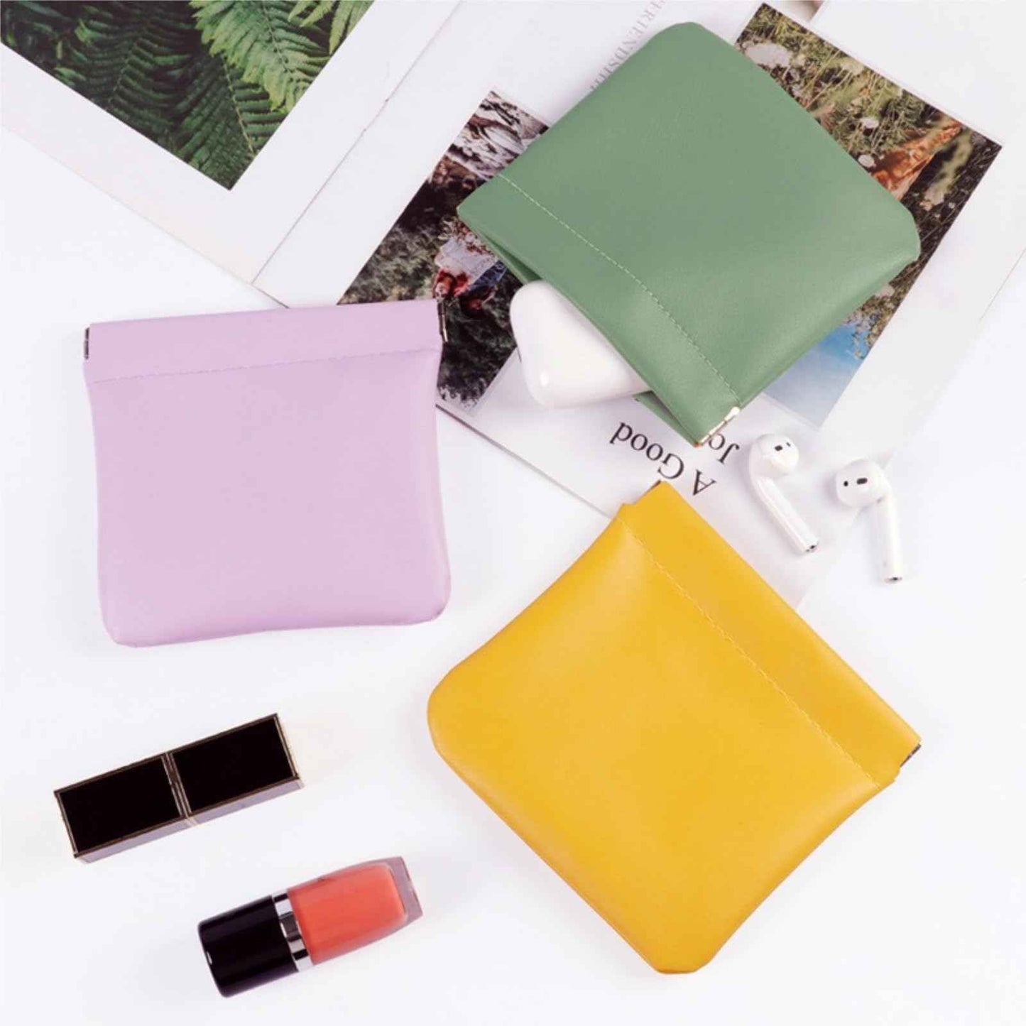 WRINGKIT 18 Pcs Snap Closure Pouches, Small 4.7 Inch Squeeze Coin Purse Pouch, Waterproof Portable Mini Makeup Bag, No Zipper Self-Closing Pocket Cosmetic Bag for Women Jewelry Lipstick Headphones