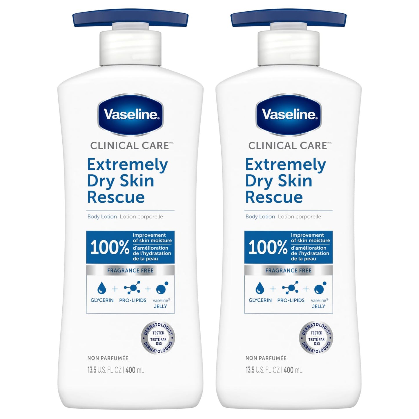 Vaseline Lotion for Dry Skin - Clinical Care, Extremely Dry Skin Rescue, Body Moisturizer, Fast-Absorbing Body Lotion for Women and Men with Glycerin, Hydrating Lipids, 13.5 Oz Ea (Pack of 2)