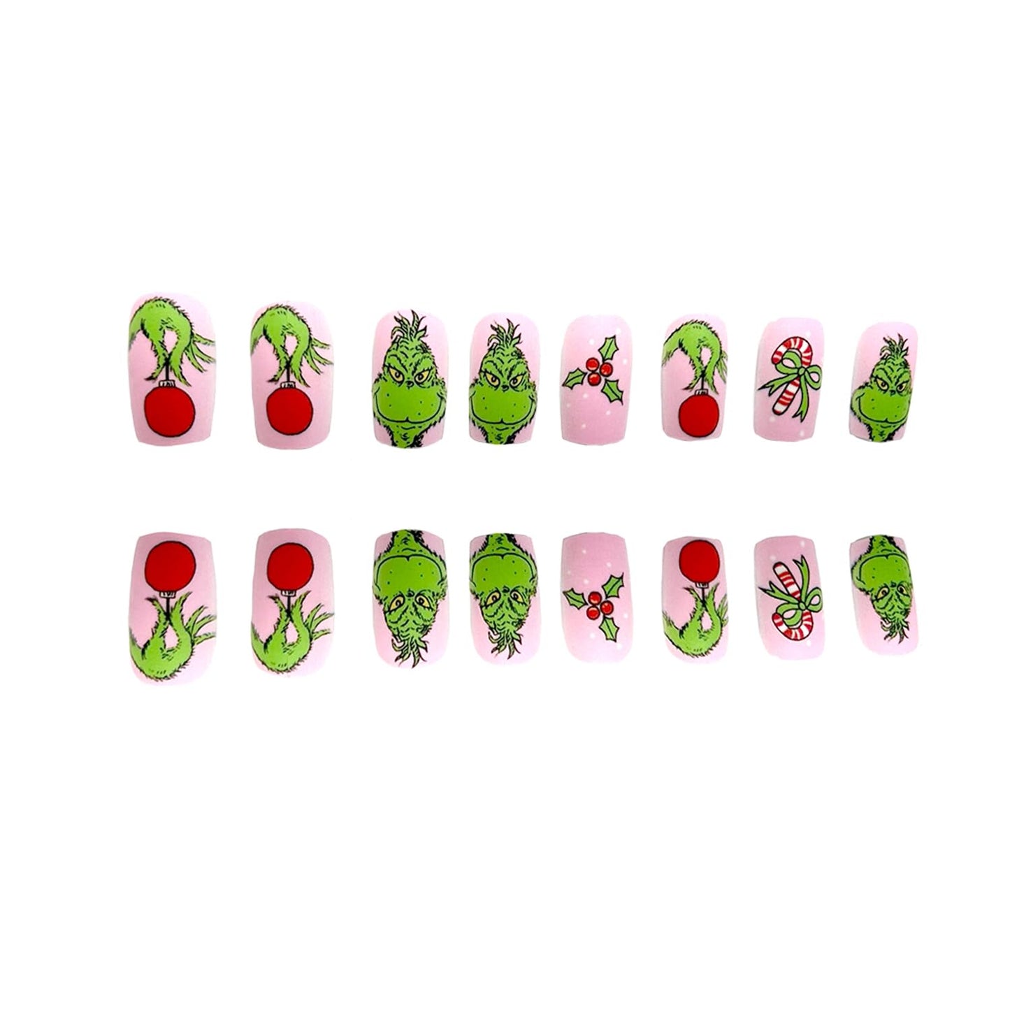 Christmas Press on Nails Short Square Fake Nails Pink Stick on Nails Winter False Nails with Fun Cartoon Green Haired Monster Designs Xmas Candy Cane Press on Nails for Women Girls Holiday Manicure