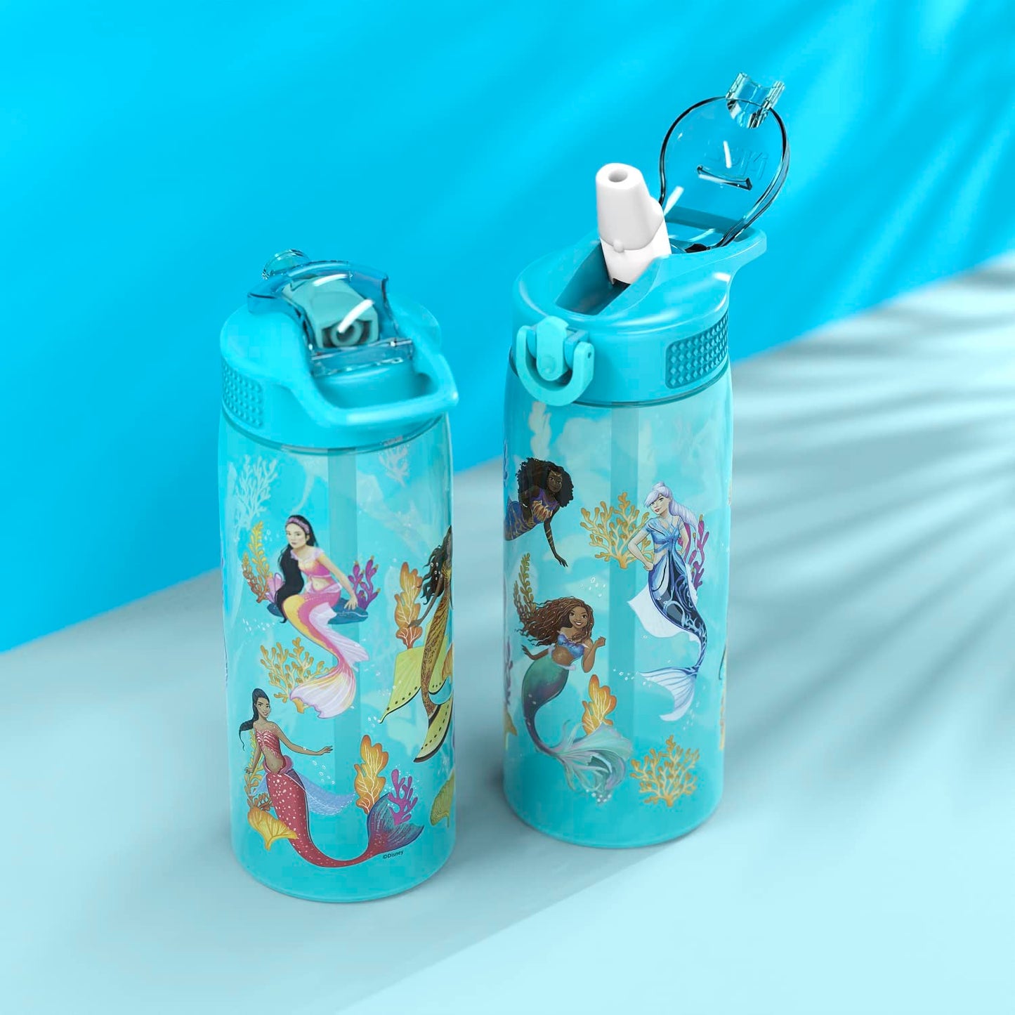 Zak Designs Disney The Little Mermaid 2023 Kids Water Bottle For School or Travel, 25oz, Durable Plastic, with Pop-Up Antimicrobial Spout and Cover, Handle, and Leak-Proof (Ariel and Sisters)