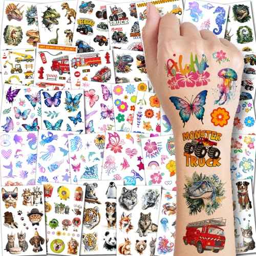 Temporary Tattoos for Kids - 320 Mixed Styles (36 Sheets) Tattoo Stickers Set for Boys and Girls, Car Dinosaur Hawaii Mermaid Watercolor Animals Tattoos for Kids Birthday Party Supplies