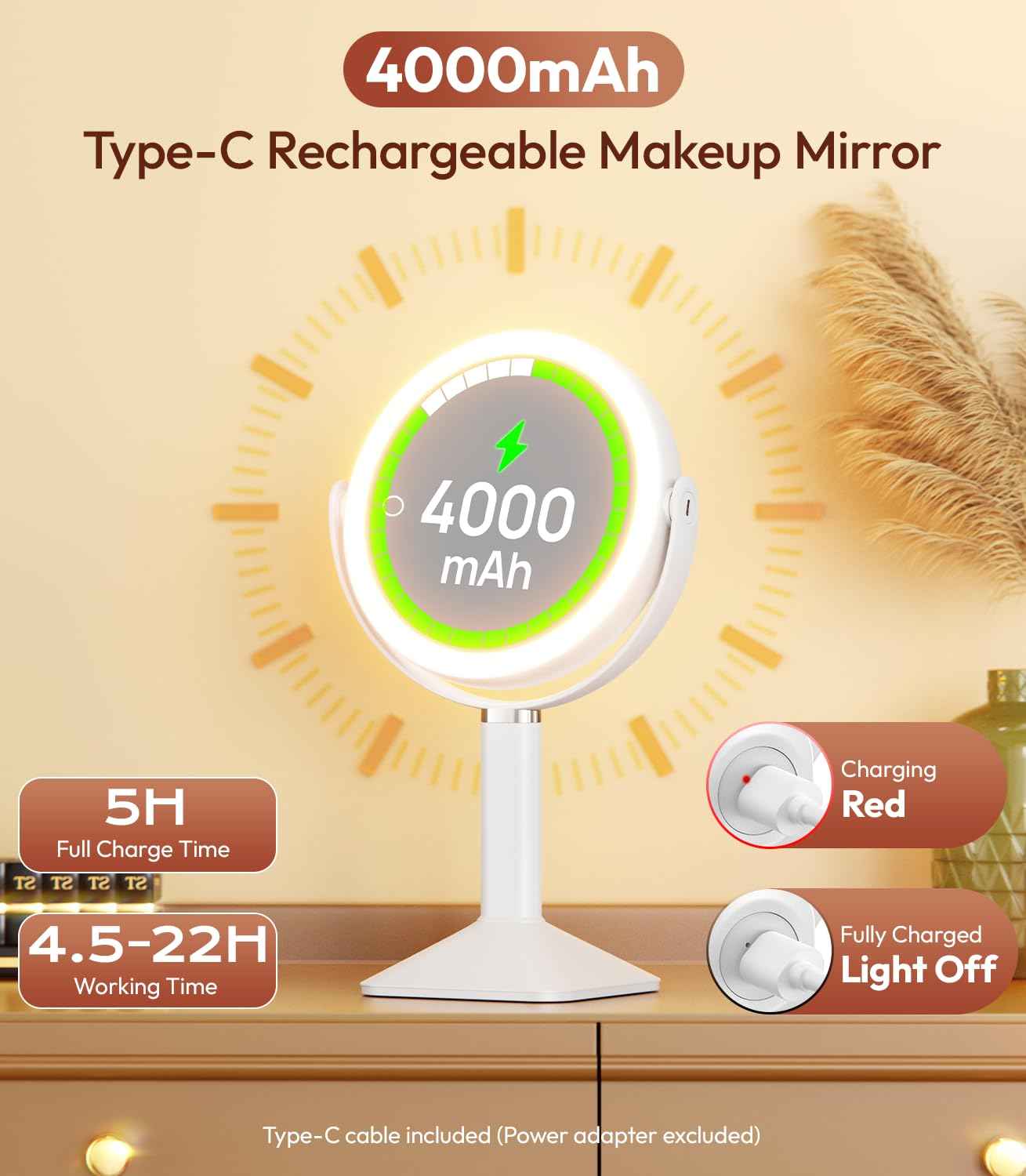 Glowtop Lighted Makeup Mirror with Lights and Magnification 30X/1X, Height Adjustable 30X Magnifying Vanity Mirror with 4000mAh Battery & 3 Colors Dimming Light for Desktop Bathroom Bedroom (White)