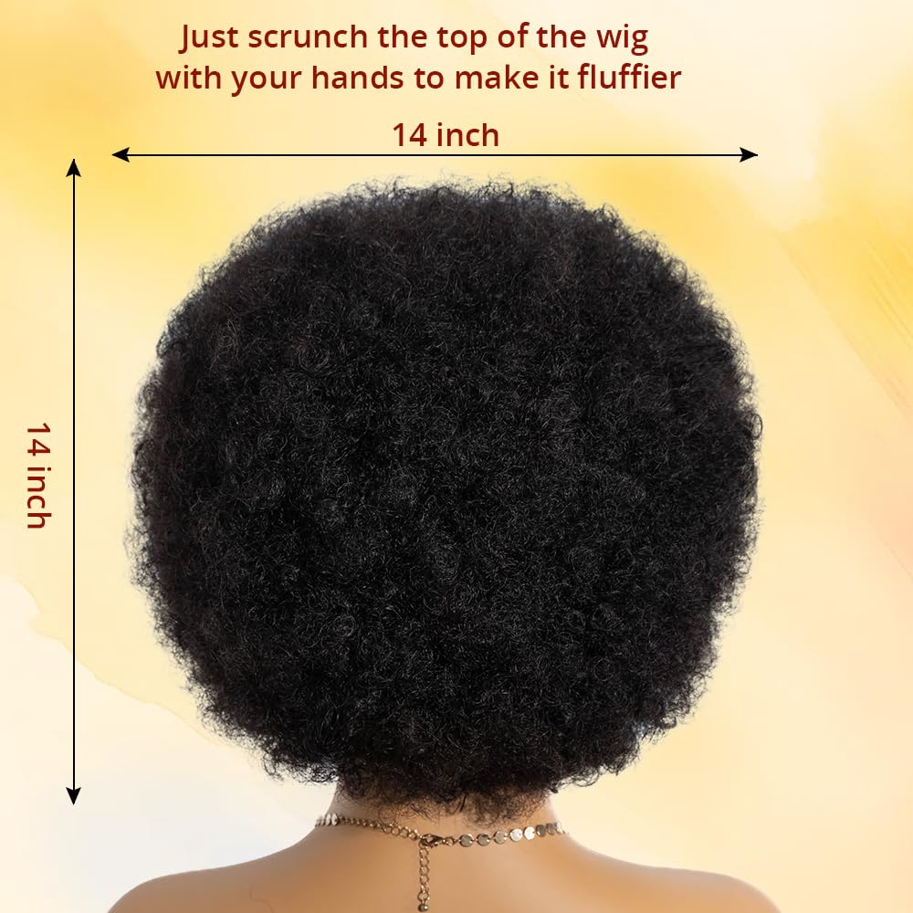 Rebecca Q Afro Human Hair Wigs 70s Short Afro Wig for Black Women Short Kinky Curly Glueless wig with Bangs for Daily Cosplay Party (Black)