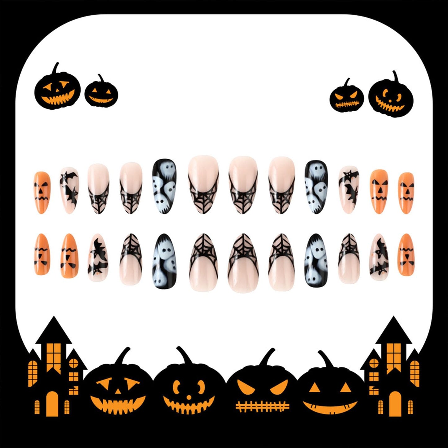 Halloween Short Press on Nails Almond Spider Web French Fake Nails Press ons Acrylic Glue on Nails Full Cover False Nails with Ghost Bat Design Stick on Nails for Women 24 Pcs