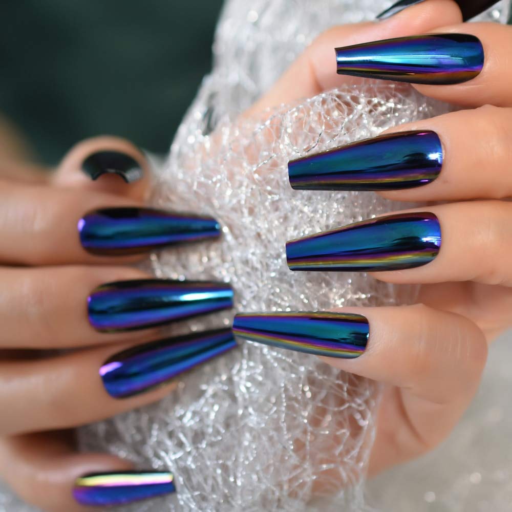 EchiQ Chrome Diamond Blue Press On Fingernails Coffin Metallic Mirror Holo Fake Nails Extra Long Ladies Designed Tips for Finger