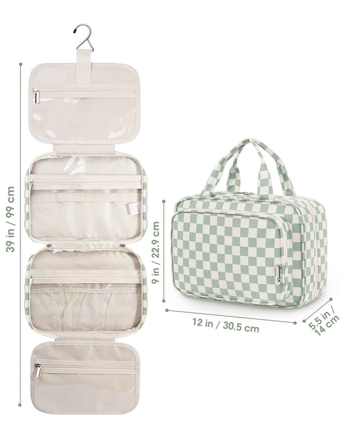 Narwey Travel Toiletry Bag for Women Large Hanging Makeup Bag Organizer Toiletries Bag for Full Size Essentials Accessories Cosmetics (Mint Green Checkerboard (Large))