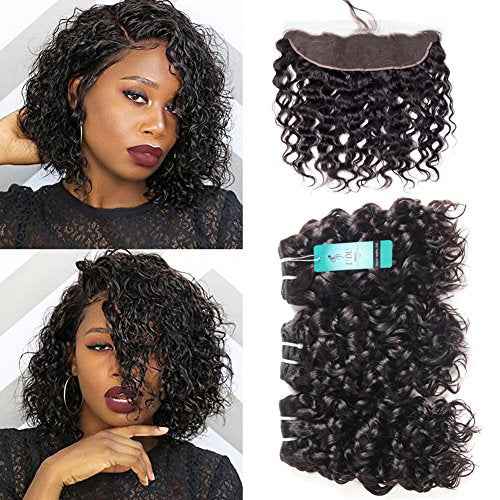 Water Wave Bundles with Lace Frontal Closure UDU 12A Wet and Wavy Human Hair Bundles with Closure 100% Unprocessed Human Hair Extensions Short Curly Remy Hair Weft with Free Part Frontal 50g/bundle