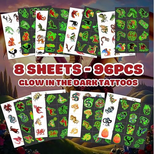 Dragon Glow in the Dark Temporary Tattoos, 96 Pcs