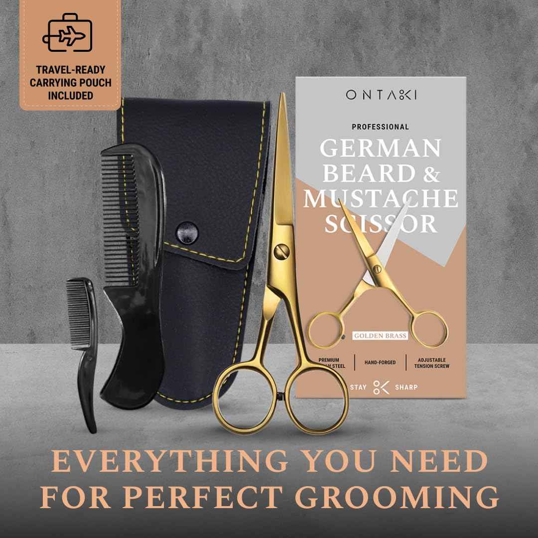 Ontaki Brass Grooming Kit - 5 in, Golden Brass - Beard Trimming Scissors, Mustache Comb & Beard Comb, Carrying Pouch