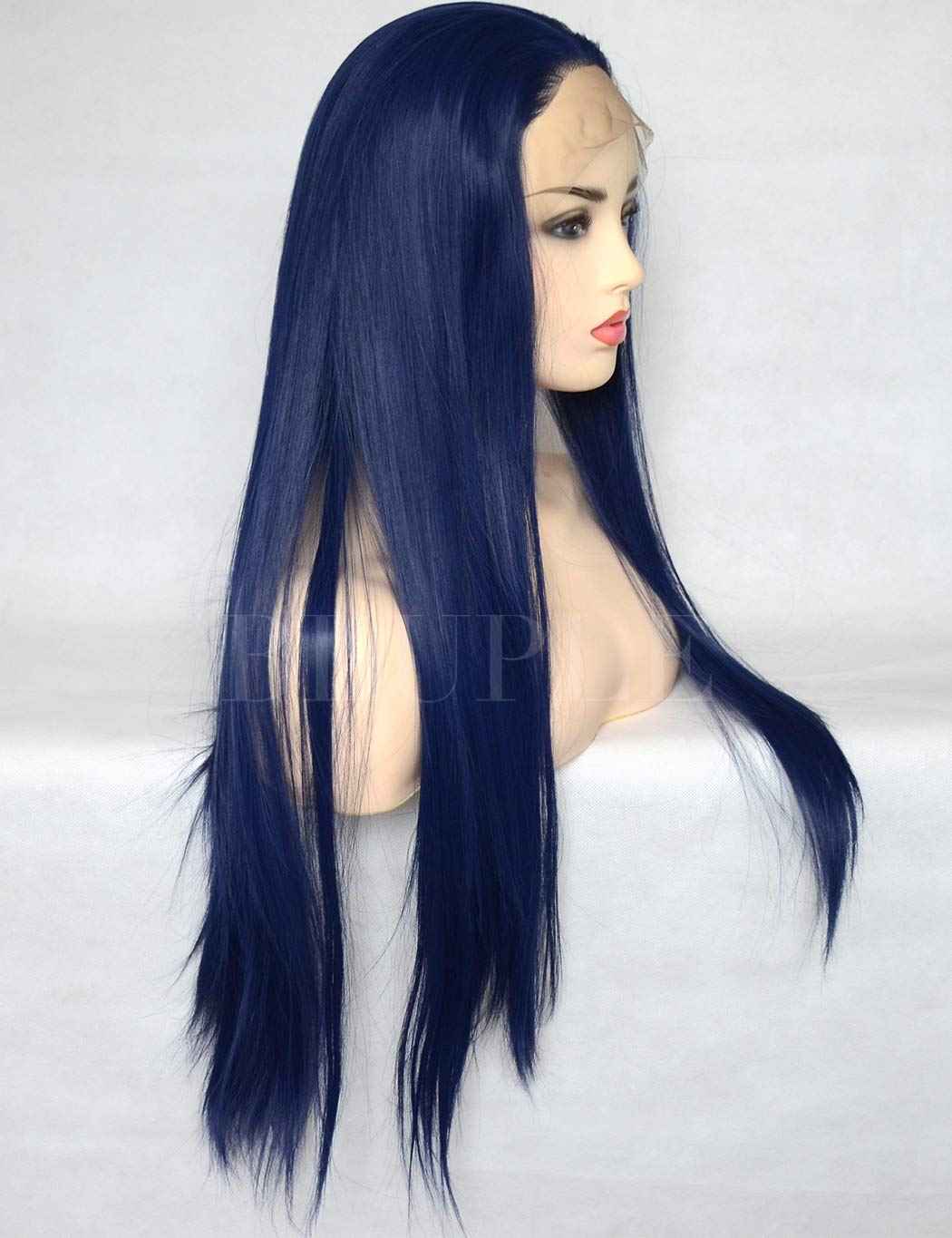 BLUPLE Dark Blue Lace Front Wigs Straight Trendy Heat Resistant Synthetic Hair Half Hand Tied Wigs for Cosplay Daily Wear (22 inches, Straight,Dark Blue)