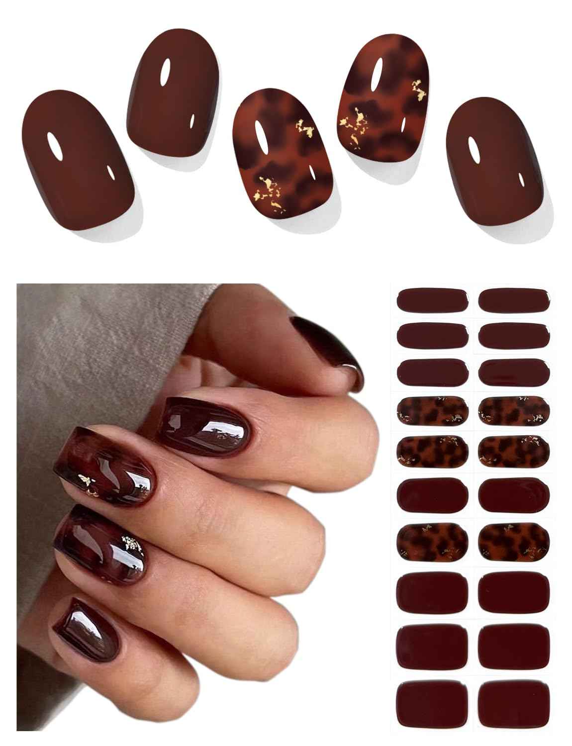 AutyaMee Semi Cured Gel Nail Strips (Dark Brown Amber), 20 Pcs Gel Nail Wraps, Stickers, Salon Quality, Long Lasting, Works with Any UV Lamps