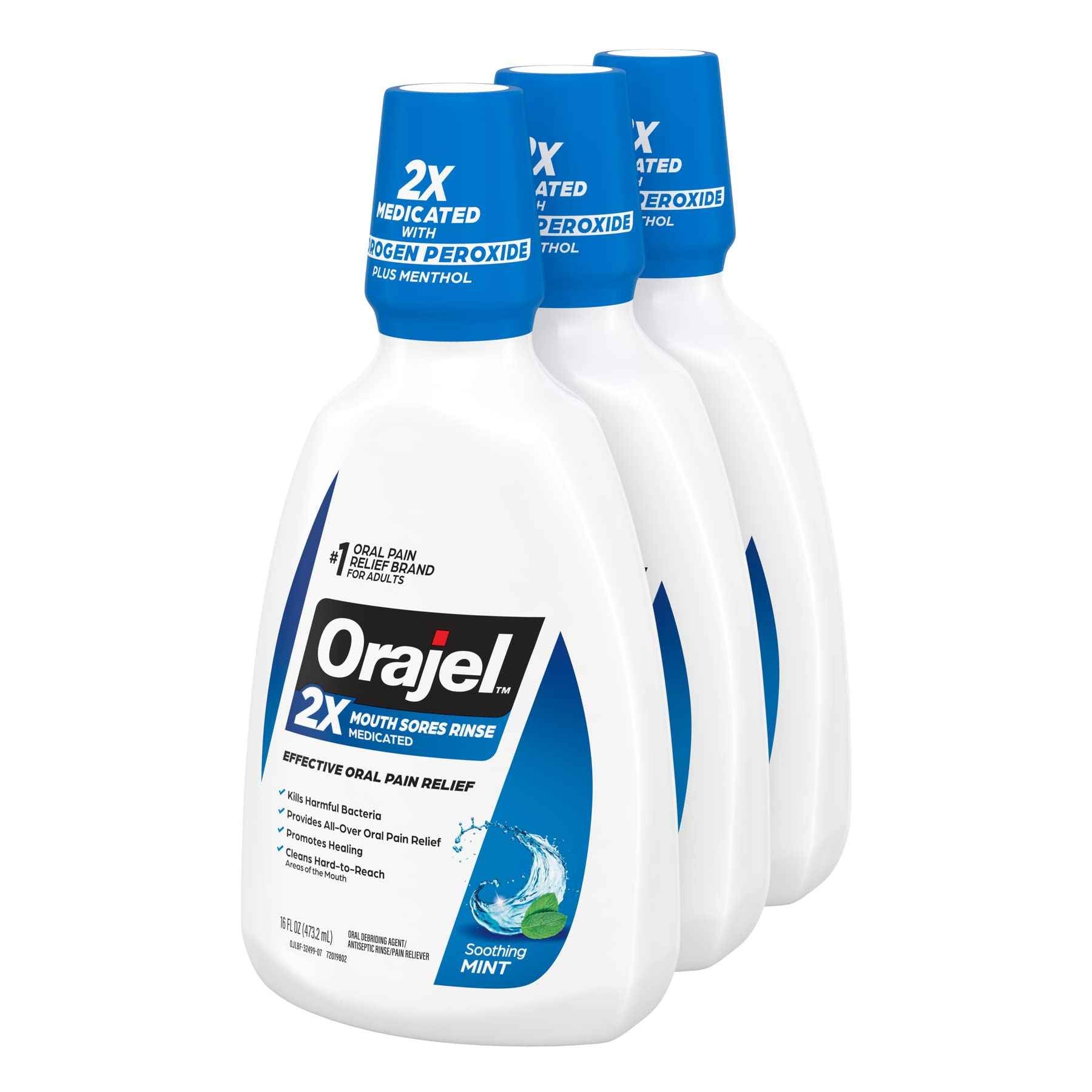 Orajel Nonseptic Mouth Sore Rinse 16oz 3-Pack and Orajel Toothache Rinse 16oz Mint Flavored Mouthwash Bundle