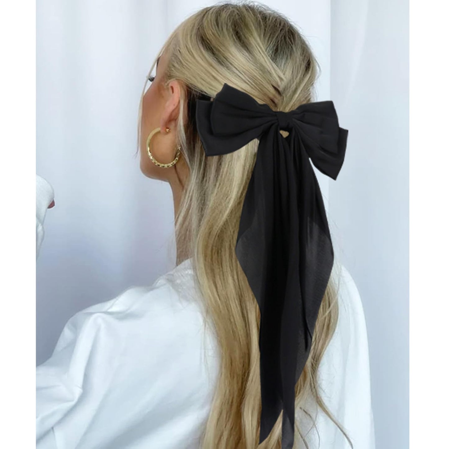 JOYRUBY Black Hair Bow Beige Bow for Hair Clip, 2PCS Silky Satin Hair Bows for Women, Long Tail Big Bows for Girls, Large White Bow Hair Accessories