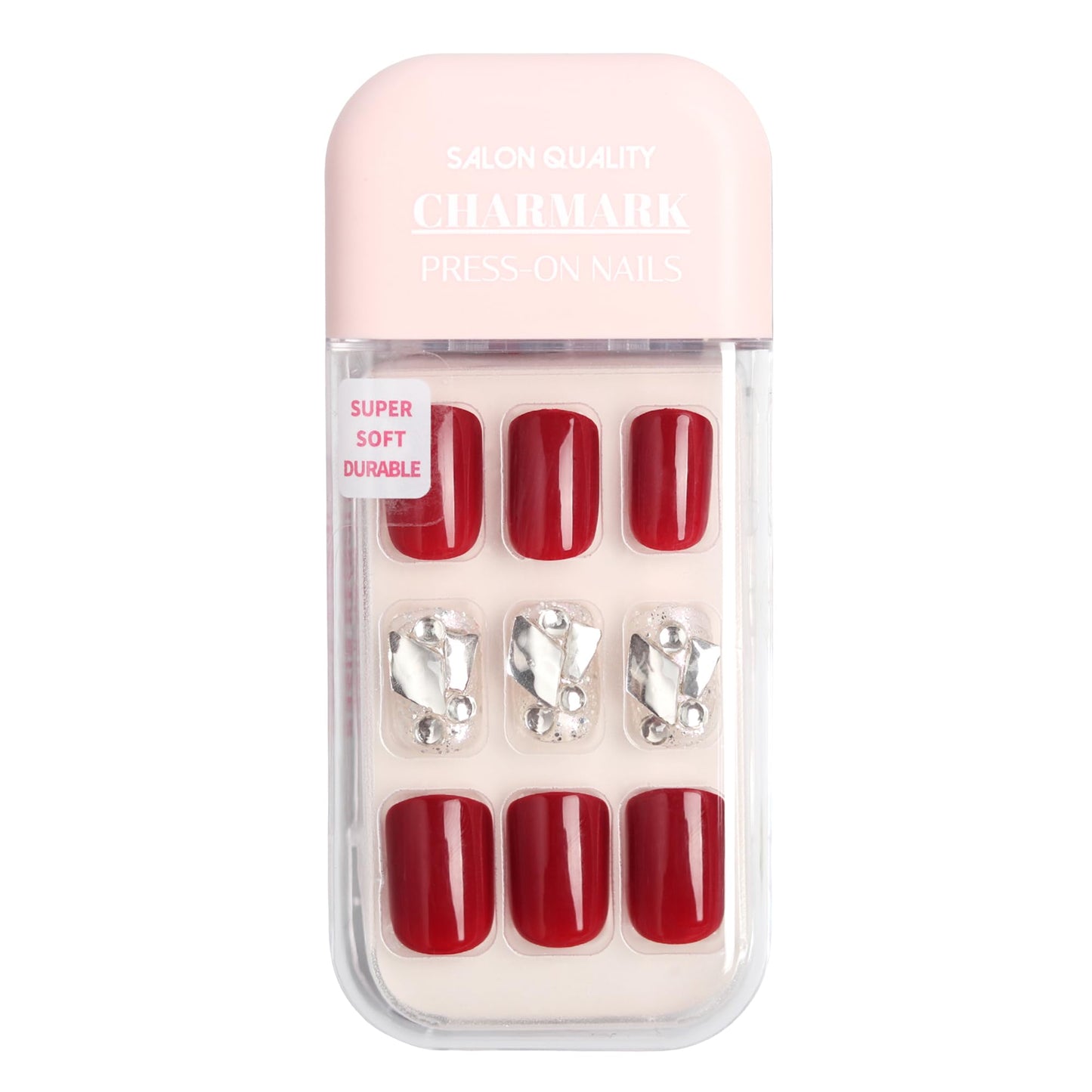 CHARMARK Press On Nails Short Square Red Starstone Glitter Glue On Nails, Salon-like Soft Reusable Semi-Handmade Acrylic Stick On Nails, 15 Sizes - 30 Nail Fake Nails Kit