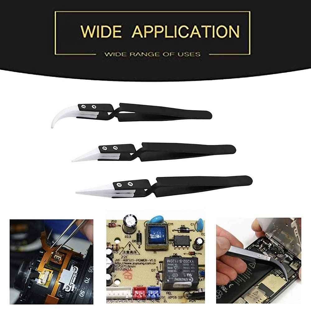 Precision Tweezers Reverse Ceramic Tweezers 3 PCS Electronic Tweezers, Soldering Hot Tweezers Self Locking Tweezers with Ceramic Tips-UY3