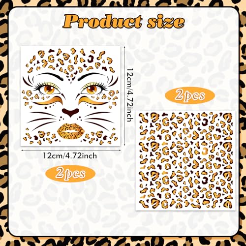 Leopard Print Face Temporary Tattoos - 4 Sheets Halloween Costume