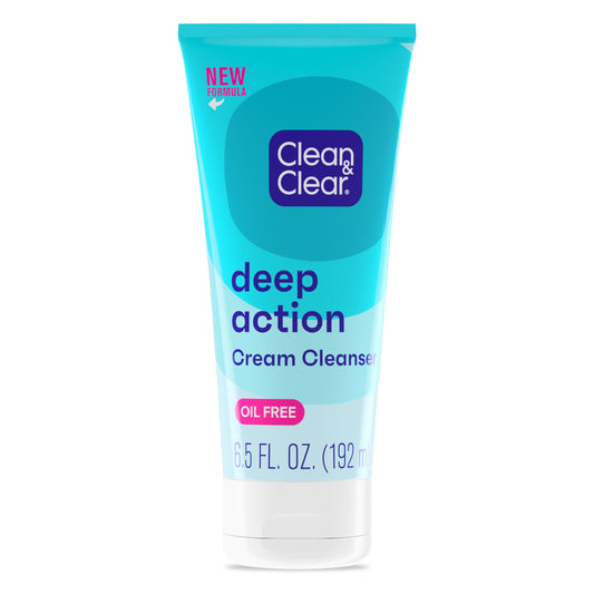 Clean & Clear Oil-Free Deep Action Cream Facial Cleanser, Cooling Daily Face Wash for Deep Pore Cleansing of Acne-Prone Skin, 6.5 oz (Pack of 2)