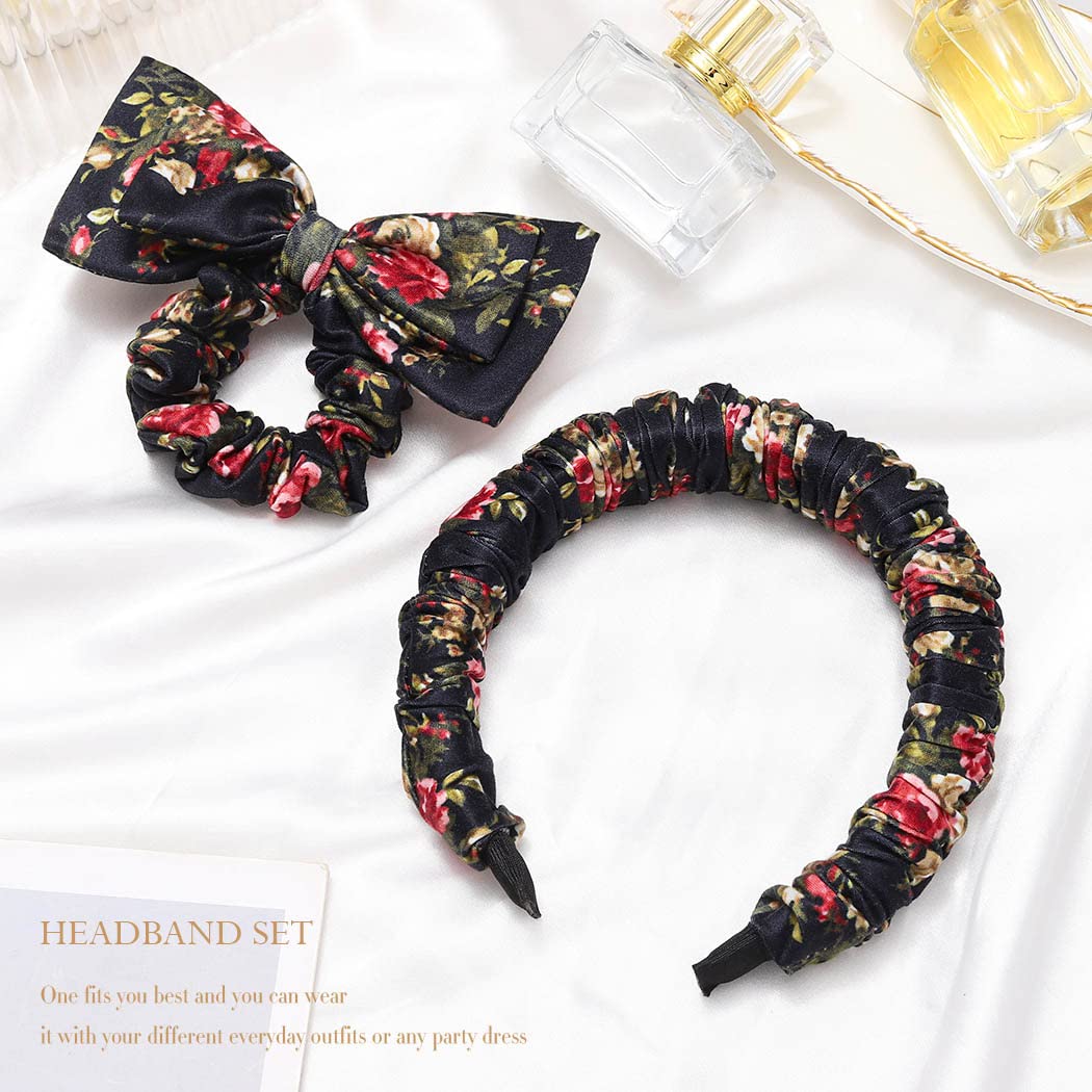 Bessney Women's Boho Headband Elastic Ruched Scrunchies Headbands Non Slip Floral Printed Hair Bands Fashion Hair Hoop Hair Accessories for Women