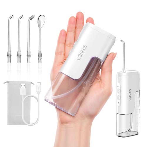 COSLUS Mini Water Flosser for Travel: Portable Compact Design, Cordless Oral Irrigator with 4 Jet Tips Storable, IPX7 Waterproof for Braces, Orthodontic, Sensitive Gums Outing & Home, White, T40