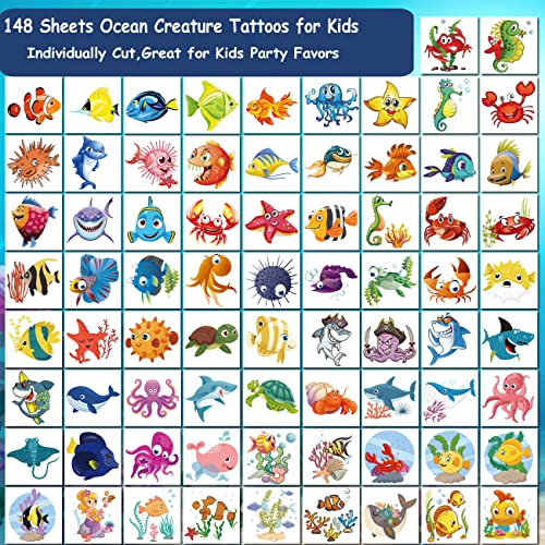 148 PCS Ocean Animals Temporary Tattoos for Kids - Sea Creature Individual Tattoos for Boys Girls Ocean Birthday Party Favors Goodie Bag Fillers