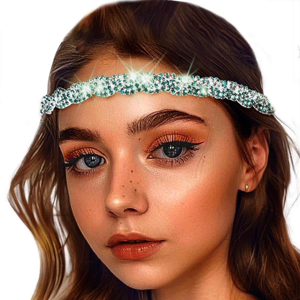 Fstrend Elastic Crystal Hairbands Rhinestone Headband Multicolors Boho Sparkle Head Chain Headpieces for Women (Green)