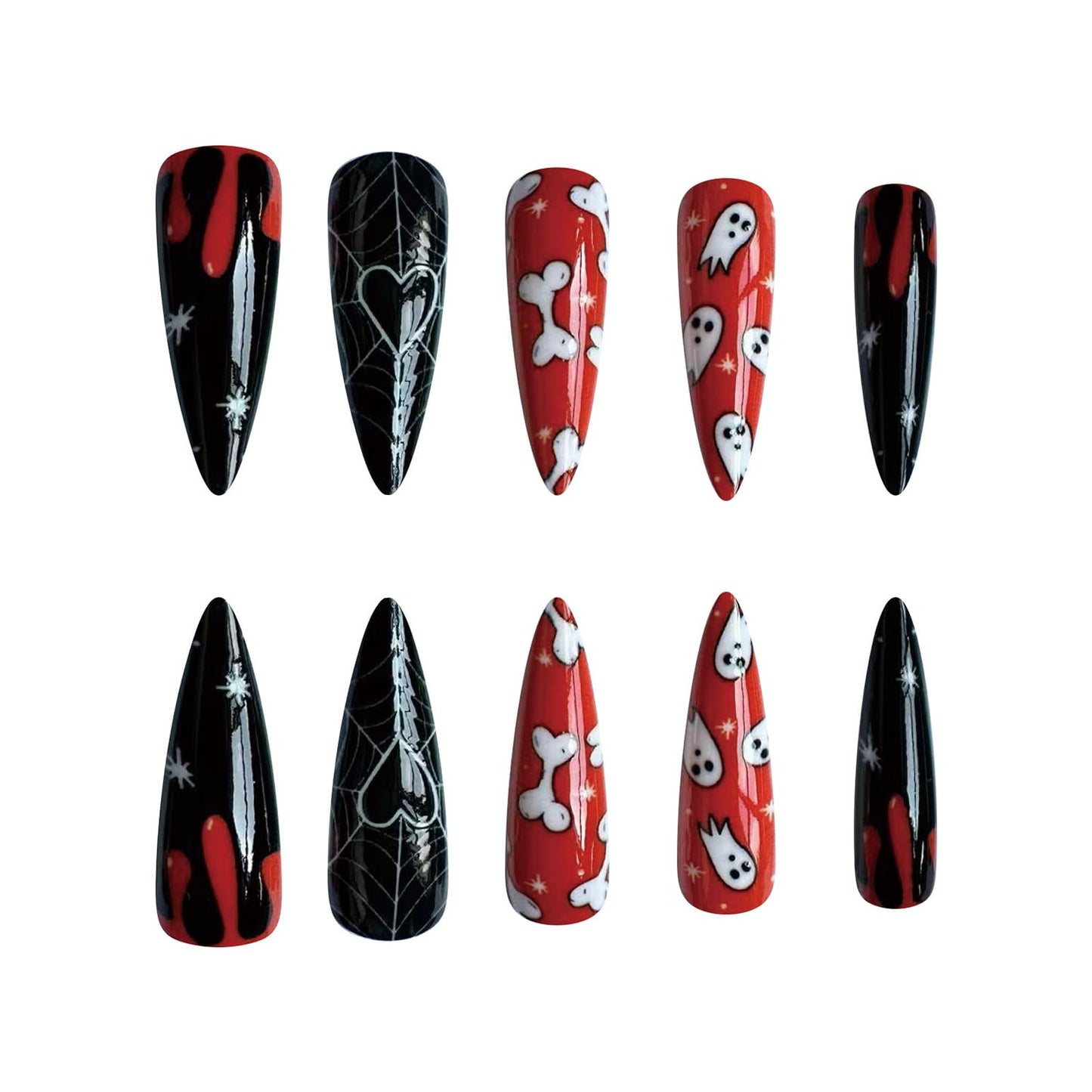 24 Pcs Halloween Press on Nails Long Stiletto Nail Tips with Cute Bone Spider Web Designs Ghost Fake Nails Orange Acrylic Nails Glossy Glue on Nails Halloween Nails for Women Girl